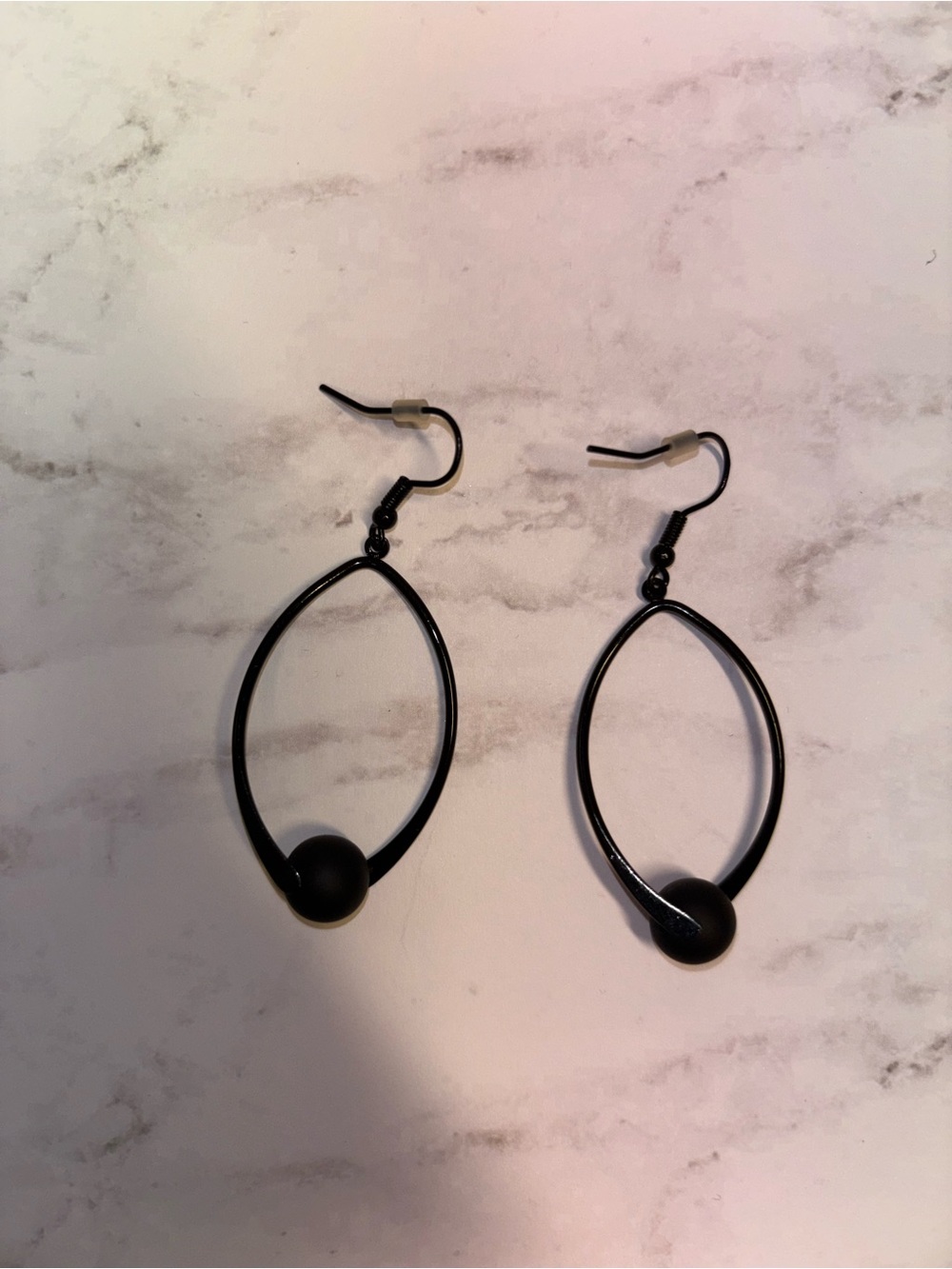 Black Hoop Drop Earrings with Bead Accent